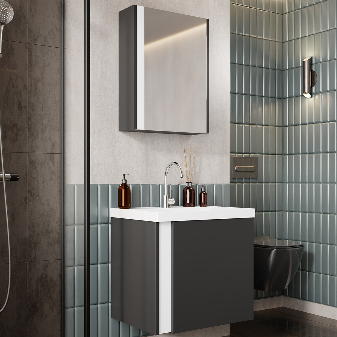    Karen Banyo Kemer Aynalı 50 cm Takım Banyo Dolabı Antrasit 