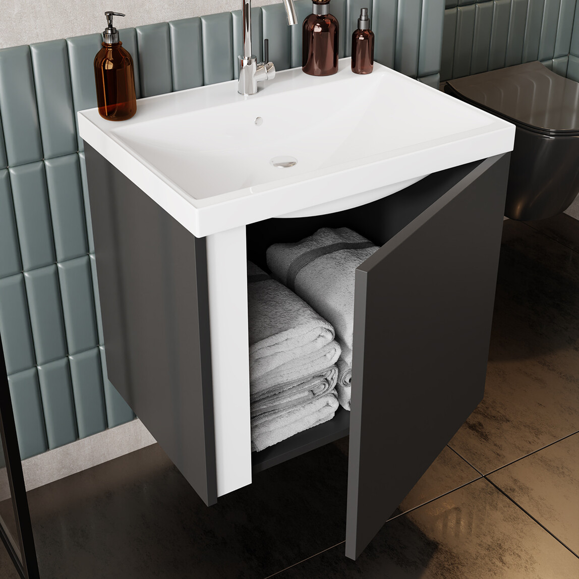    Karen Banyo Kemer Aynalı 50 cm Takım Banyo Dolabı Antrasit 