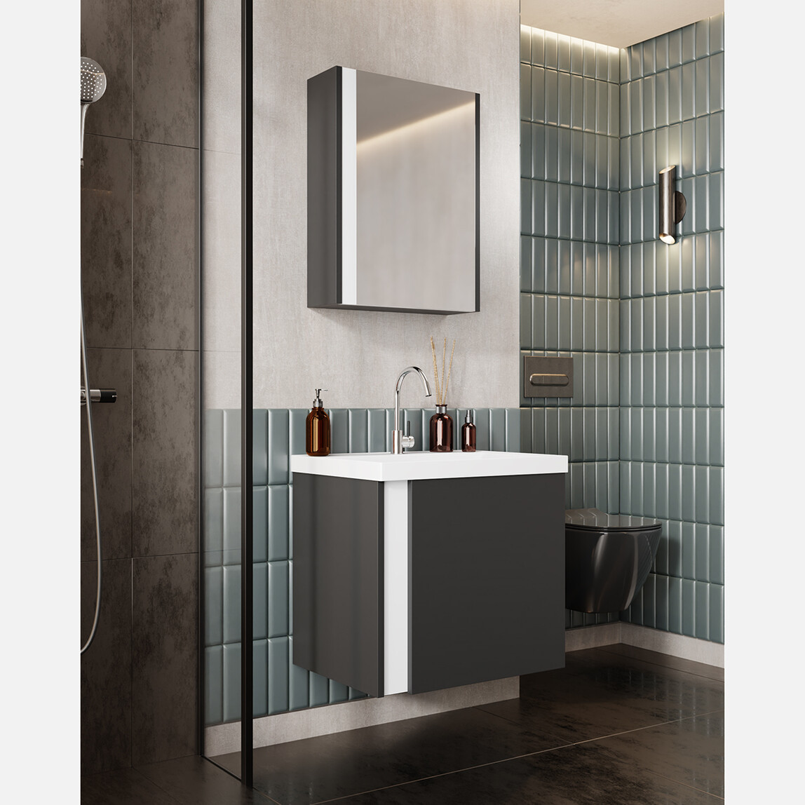    Karen Banyo Kemer Aynalı 60 cm Takım Banyo Dolabı Antrasit 
