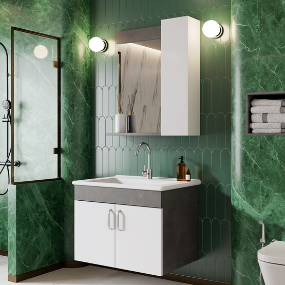 Karen Banyo Gümüş Aynalı 65 cm Takım Banyo Dolabı Gümüş-Beyaz
