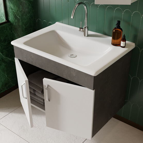 Karen Banyo Gümüş Aynalı 65 cm Takım Banyo Dolabı Gümüş-Beyaz