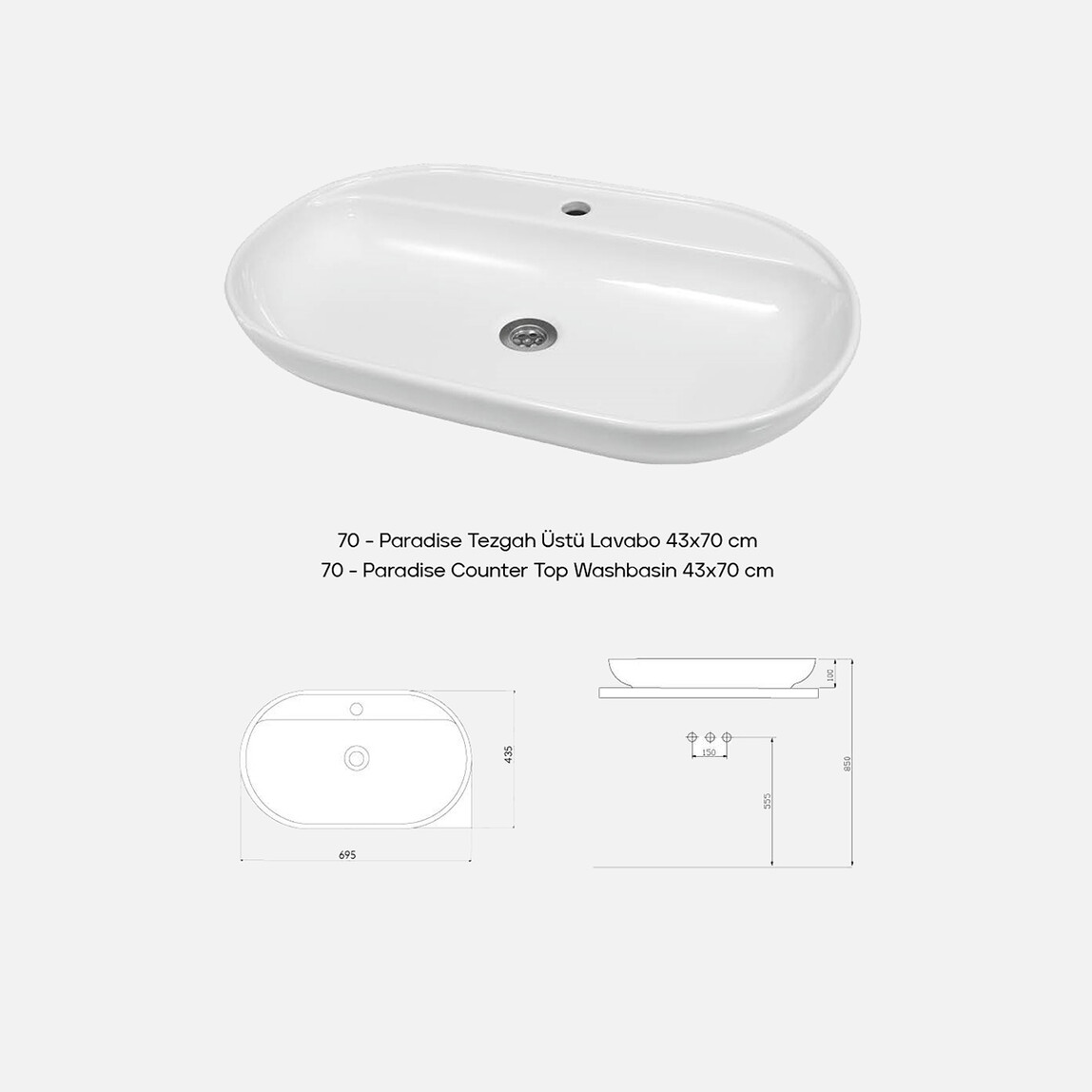    Karen Banyo Paradise 70 cm Tezgah Üstü Lavabo 