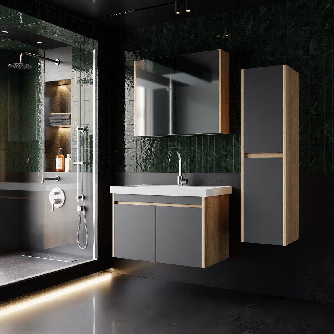    Karen Banyo Dallas Aynalı 80 cm Takım Banyo Dolabı Somono Meşe-Antrasit 