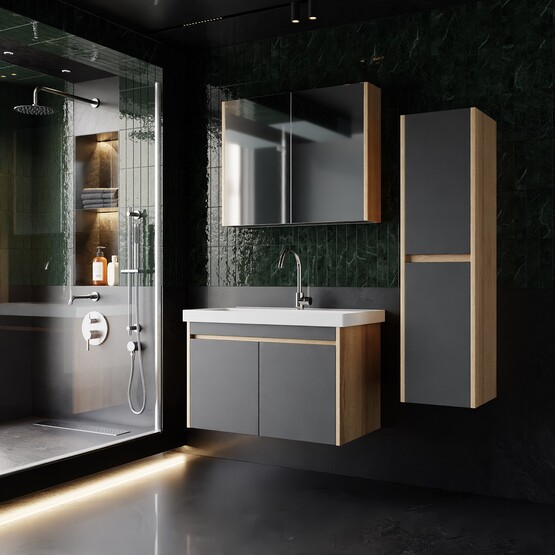 Karen Banyo Dallas Aynalı 80 cm Takım Banyo Dolabı Somono Meşe-Antrasit