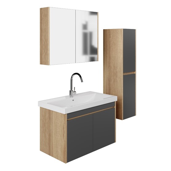 Karen Banyo Dallas Aynalı 80 cm Takım Banyo Dolabı Somono Meşe-Antrasit