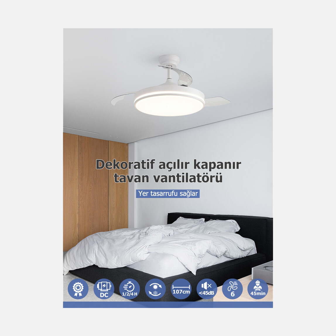    Dlc Espero Led Tavan Vantilatörü Açılır Kapanır Beyaz 107 cm Uzaktan Kumandalı 